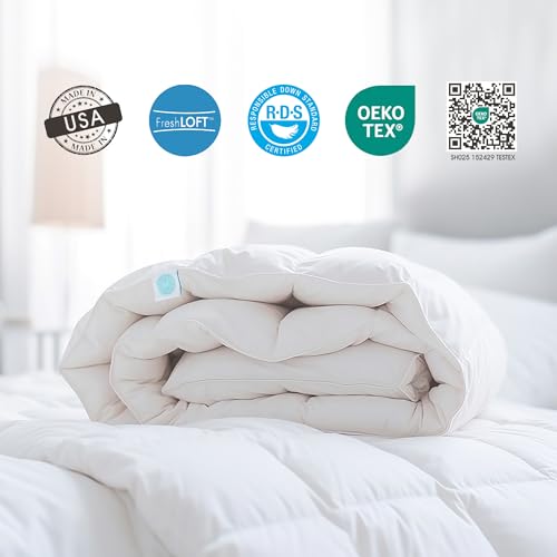 MARTHA STEWART 650 Fill Power Luxury Fluffy White Down Comforter - 300 Thread Count 100% Sateen Cotton Bedding Comforter, Light Warmth Duvet Insert with Corner Loops King Size Made in USA - 106" x 90"