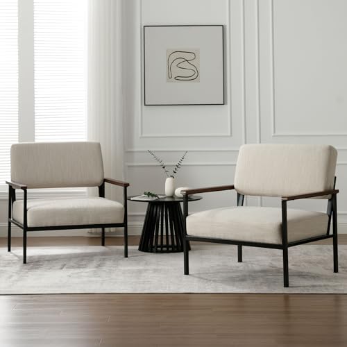 Wahson Mid Century Modern Accent Chair, Comfy Armchair Linen Upholstered with Black Metal and Wooden Frame, for Living Room/Bedroom/Reading Room/Dining Room, Beige