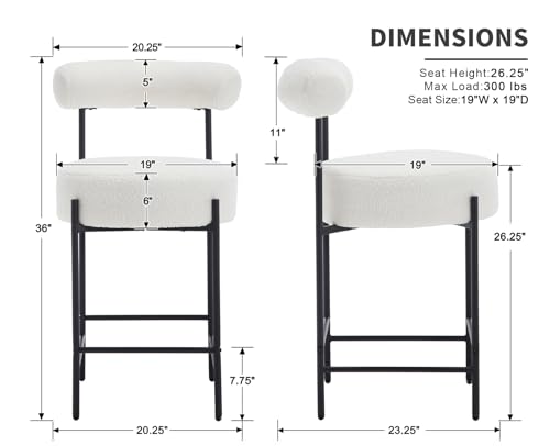 CIMOTA White Counter Height Bar Stools Set of 4 Upholstered Boucle Barstools Modern Counter Stools with Backs/Black Metal Legs for Kitchen Island/Counter/Bistro/Pub, 26 Inch/Sherpa White