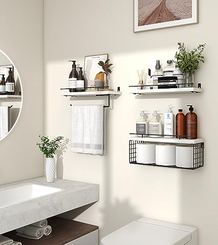 Mefirt Floating Shelves, 3+2 Tier Bathroom Shelves with Paper Towel Holder & Towel Bar, Wood Wall Décor Shelves Over Toilet with Wire Storage Basket & Guardrail, Farmhouse Floating Shelf - White