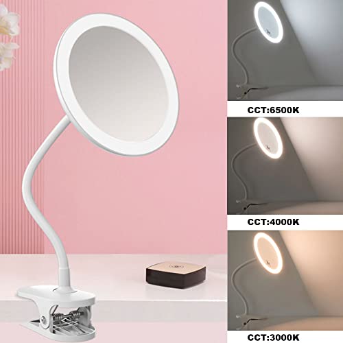 TUSHENGTU 6.5" Clip on Makeup Mirror with gooseneck 10x Magnifying Mirror,USB Recharge Adjustment (White 10X)