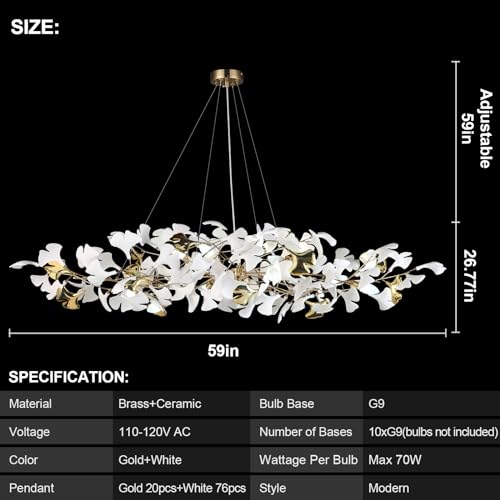 GREMLBUK 59 Inch White Rectangle Chandelier Gold Ceramic Ginkgo Leaf Chandeliers Brass Large Chandelier Modern Hanging Lights Fixture for Living Room Dining Room Kitchen Island,10-Light