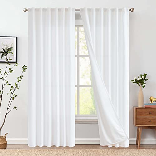 jinchan Linen White Curtains 108 Inches Extra Long for Living Room Farmhouse Rod Pocket Back Tab Light Filtering Window Drapes with Lined for Bedroom Off White 2 Panels