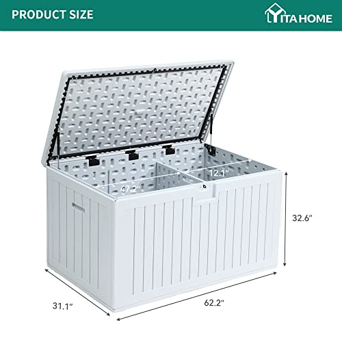 YITAHOME XXL 230 Gallon Large Deck Box,Outdoor Storage for Patio Furniture Cushions,Garden Tools and Pool Toys with Flexible Divider,Waterproof,Lockable (Grayish-White)