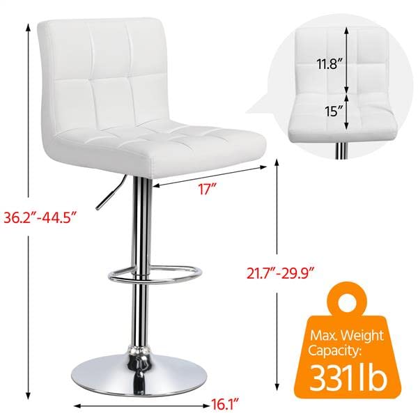 Yaheetech X-Large Bar Stools - Square PU Leather Adjustable Counter Height Swivel Stool Armless Chairs Set of 4 with Bigger Base,White