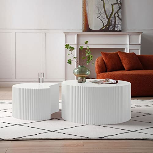 KEVINSPACE Coffee Table Set of 2 Modern, Living Room Nesting Table Round 2-Piece, No Assembly Required Wooden Circle End Table Set Accent Furniture for Bedroom Balcony Library,White