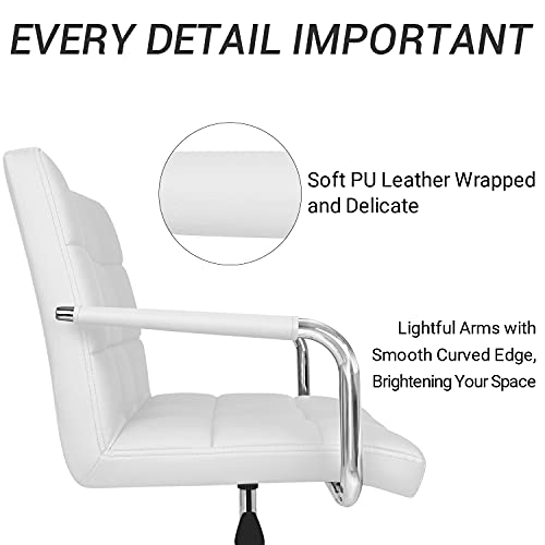 Furmax Mid-Back Office Task Chair Ribbed PU Leather Executive Modern Adjustable Home Desk Retro Comfortable Work Chair 360 Degree Swivel with Arms (White)