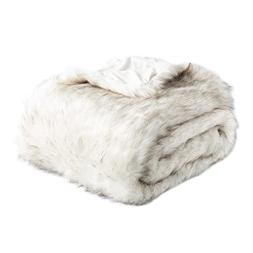 BATTILO HOME Luxury White Faux Fur Throw Blanket Thick Warm Faux Fur Blanket for Couch, Bed, Fuzzy Cozy, Fluffy Blanket Fox Fur Throw White with Black Tip, Minky Blanket, 51"x67"