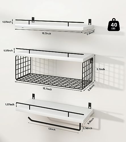 Mefirt Floating Shelves, 3+2 Tier Bathroom Shelves with Paper Towel Holder & Towel Bar, Wood Wall Décor Shelves Over Toilet with Wire Storage Basket & Guardrail, Farmhouse Floating Shelf - White