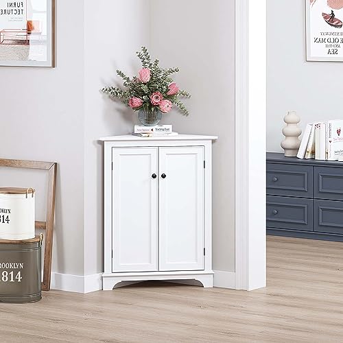 Spirich Floor Corner Cabinet with Doors and Shelves, Freestanding Bathroom Corner Storage Cabinet for Bathroom, Kitchen, Living Room, Bedroom, White