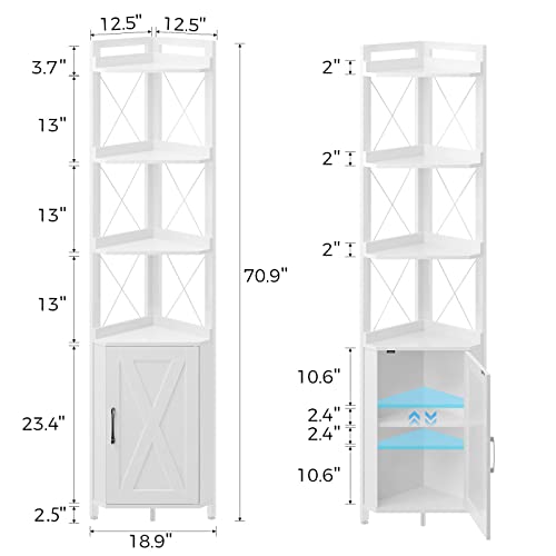 Rolanstar Corner Shelf 5-Tier with Storage, Corner Bookshelf Stand Storage Rack Plant Stand for Living Room, Home Office, Kitchen, Small Space, White 12.5"D x 18.9"W x 70.9"H