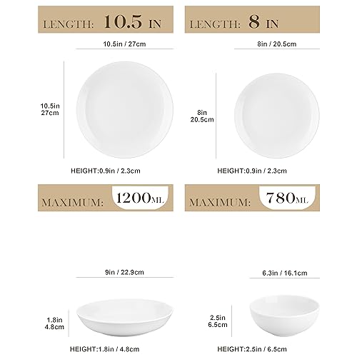 MALACASA 24-Piece Gourmet Porcelain Dinnerware Sets, Modern White Round Dish Set for 6 - Premium Serving Plates and Bowls Sets for Dessert, Salad, Soup, Pasta - Series AMELIA