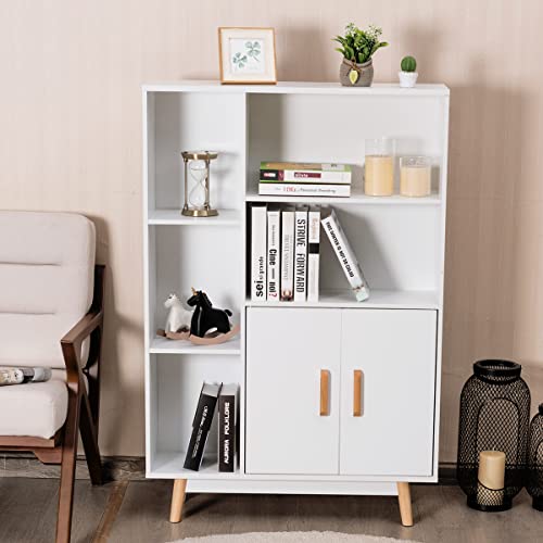 Giantex Storage Cabinet, Free Standing Pantry Cabinet with 2 Door Cabinet and 5 Shelves, Home Office Furniture Bookcase, Side Cabinet, Cupboard, Wood Cube Organizer (White)