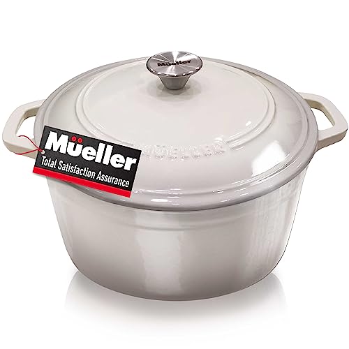 Mueller DuraCast 6 Quart Enameled Cast Iron Dutch Oven Pot with Lid, Dual Handles, Heavy-Duty Braiser Pan, Stainless Steel Knob, for Braising, Stews, Roasting, Baking, Safe across All Cooktops, White