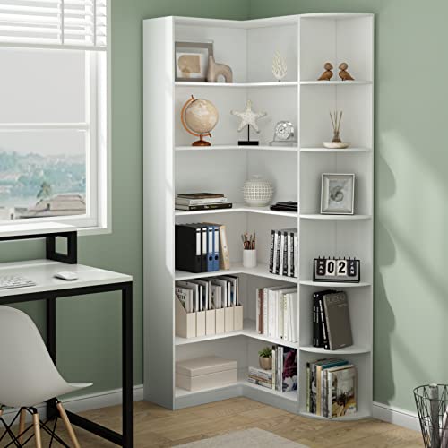 Loomie White Book Shelf, 6 Tiers Shelf Large Tall Corner Etagere Bookcase with Full Baffle, L-Shaped Modern Storage Display Industrial Bookshelves for Bedroom, Home Office, Living Room & Kitchen