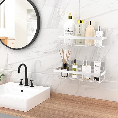 Moforoco Shower Caddy Shelf Organizer Rack, Self Adhesive White Bathroom Shelves Basket, Home Farmhouse Wall Shower Inside Organization and Storage Decor Rv Accessories, First Apartment Essentials