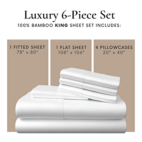 Bamboo Bay Luxury Bamboo Sheets King Size - 6 Piece Ultra Soft Cooling Sheets for Hot Sleepers - 100% Organic Bamboo Sheet Set Fits Up to 16" Deep Pocket - Eco Friendly - White