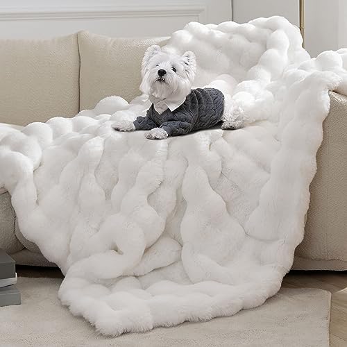 CozyBloom Luxury Soft Faux Fur Throw Blanket for Couch, Decorative Cozy Plush Long Shaggy Fluffy Blanket, Solid Comfy Fleece Furry Blanket, Reversible Thick Warm Blanket for Winter, Washable, White