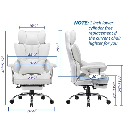 Efomao Ergonomic Office Chair, Big and Tall High Back PU Leather Wide Computer Office Chair Executive Office Chair Lumbar Support Leg Rest for Heavy People, White Office Chair