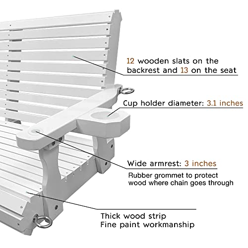 Wooden Porch Swing 2-Seater, Bench Swing with Cupholders, Hanging Chains and 7mm Springs, Heavy Duty 800 LBS, for Outdoor Patio Garden Yard (White)