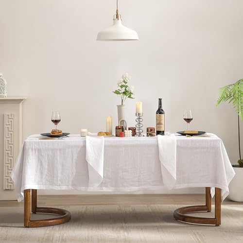 EVERLY Pure Linen Hemstitch Tablecloth,100% Stonewashed French Linen tablecloths for Kitchen Dining Rectangle Tables,60x144Inch Machine Washable Christmas Thanksgiving Organic Tablecloth-White