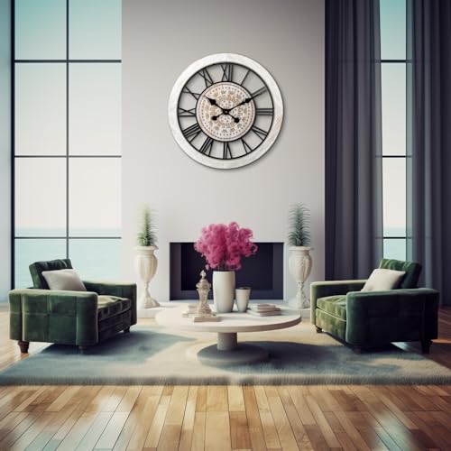 ZBJZJM 24" Large Wall Clocks for Living Room Decor Battery Operated Wood Vintage Big Silent Rustic Decorative Industrial Wall Clock for Office Home Bedroom Dinning Room,White