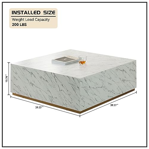 Modern Coffee Table, Square Center Table Modern Simple Faux Marble Coffee Table, Glam Accent End Table for Home, Apartment,Square White