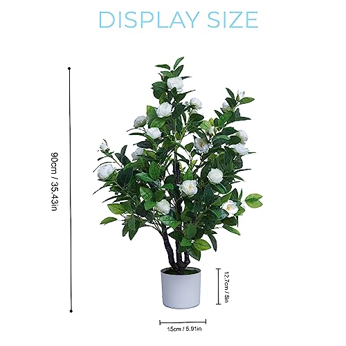 ECOFOREST Artificial Camellia Tree 35in Faux Floral Plant with White Flowers and Green Leaves - No Maintenance Indoor Outdoor Office Home Porch Decor Housewarming Gift(2Pack，White)