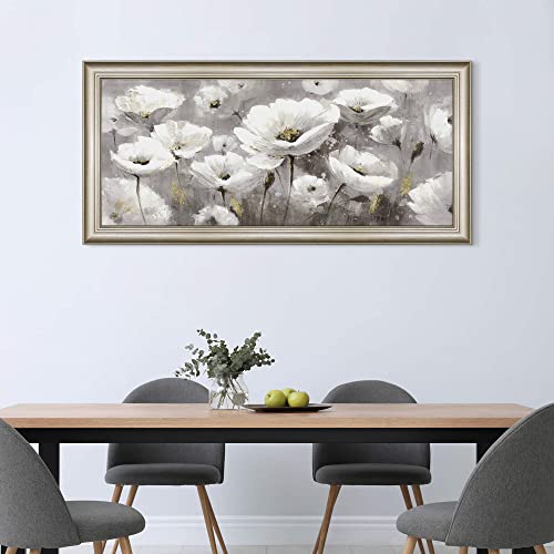 Flower Canvas Wall Art Picture: Living Room Abstract Floral Framed Painting Decor Modern White Blooming Blossom Artwork Large Botanical Wildflower Prints for Bedroom Home