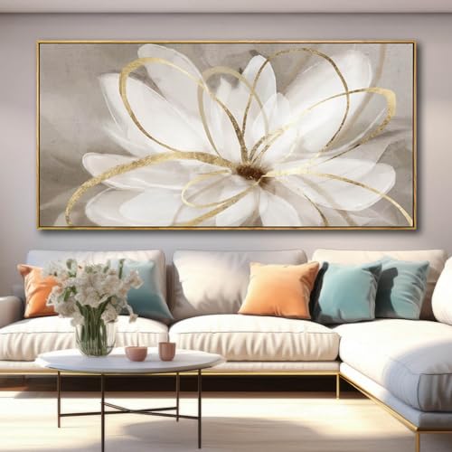 SOUGUAN Room Decor Large Canvas Wall Art Living Room Decor Gold Wall Decor Line Picture Artwork White Floral Wall Decor Modern Painting for Bathroom Bedroom Office 30x60in