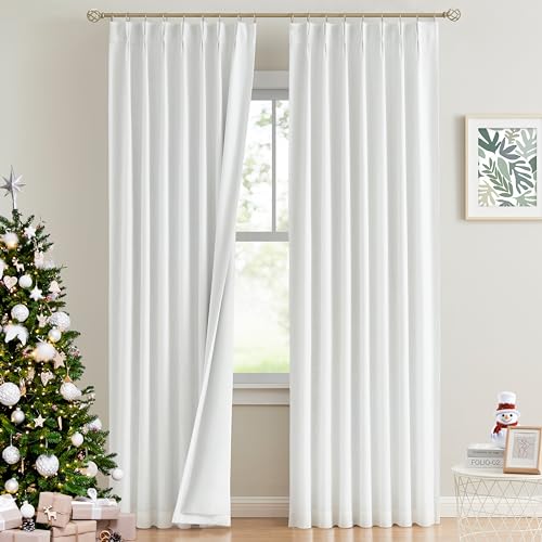 Vision Home White Pinch Pleated Full Blackout Curtains Thermal Insulated Window Curtains 95 inch for Living Room Bedroom Room Darkening Pinch Pleat Drapes with Hooks Back Tab 2 Panel 40" Wx95 L