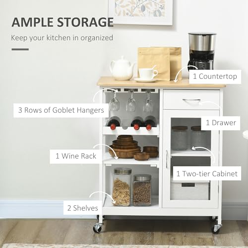 HOMCOM Rolling Kitchen Island with Storage, Kitchen Cart with 4-Bottle Wine Rack, Bar Cart with Stemware Holder, Shelves, Drawer and Cabinet, White