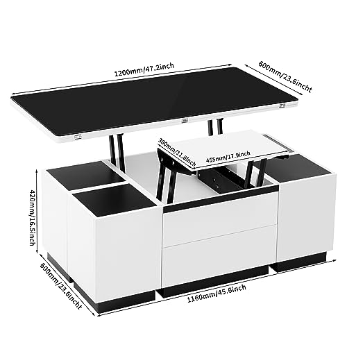 Merax Modern 3-in-1 Lift Top Coffee Table with 4 Storage Stools for Living Room Extendable 1 Hidden + 2 Drawers Space Saving Folding Glass Dining（47.2 Inch）, White/Black