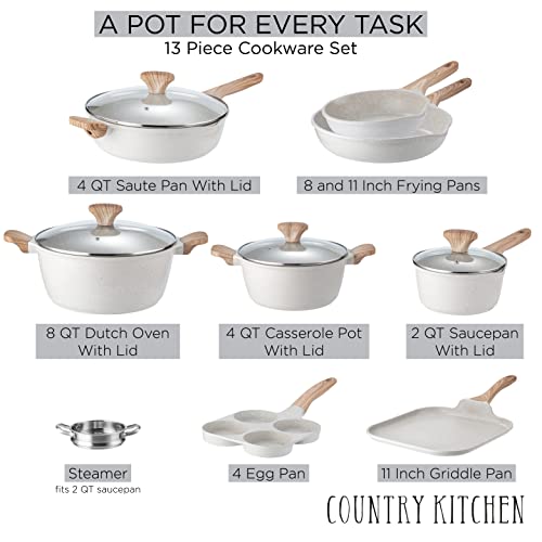 Country Kitchen Induction Cookware Sets - 13 Piece Nonstick Cast Aluminum Pots and Pans with BAKELITE Handles, Glass Lids -Cream