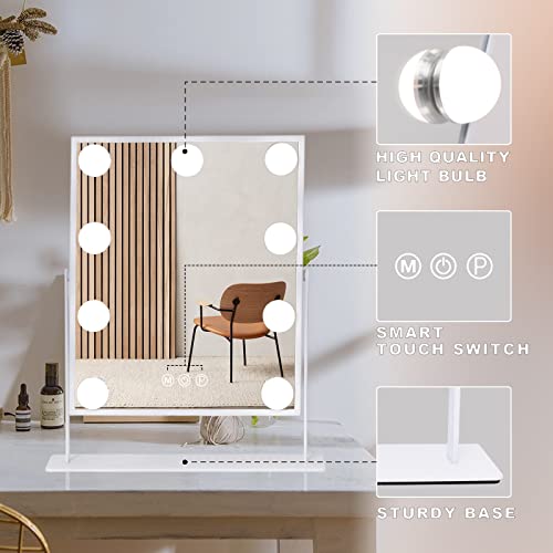 Leishe Vanity Mirror with Lights Hollywood Lighted Makeup Mirror with 9 Dimmable Bulbs & 3 Color Lighting Modes, Detachable 10X Magnification Mirror and 360 Degree Rotation(White)