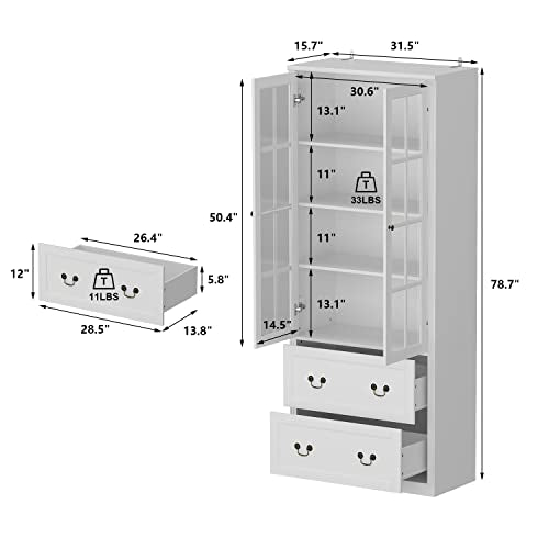 AIEGLE Large Bookcase with Glass Doors, 31.5" Wide Tall 4-Tier Bookshelf with 2 Drawers, Freestanding China Cabinet Display Storage Cabinet for Living Room Office Storage, White