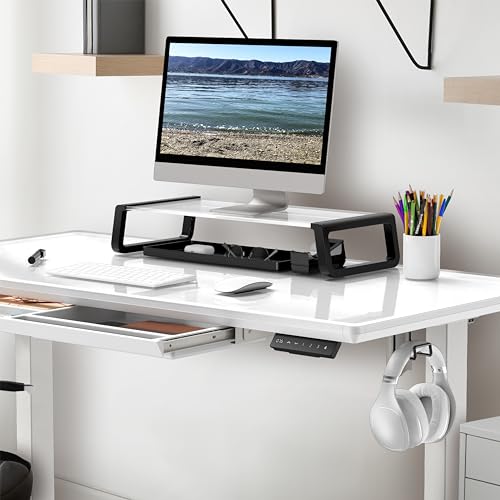 SHW 48-Inch Glass Electric Height Adjustable Desk with Monitor Riser and Drawer, White