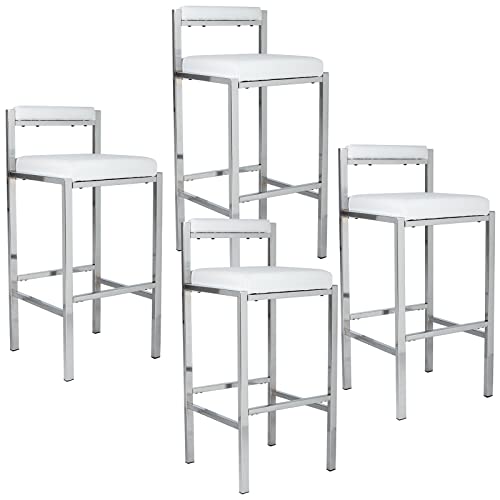 ZSARTS White Leather Bar Stools Set of 4, 30 Inch High Bar Chairs Modern Silver Barstools with Iron Back Upholstered Kitchen Island Stools with Footrest for Pub Coffee Home Dinning Kitchen (White)