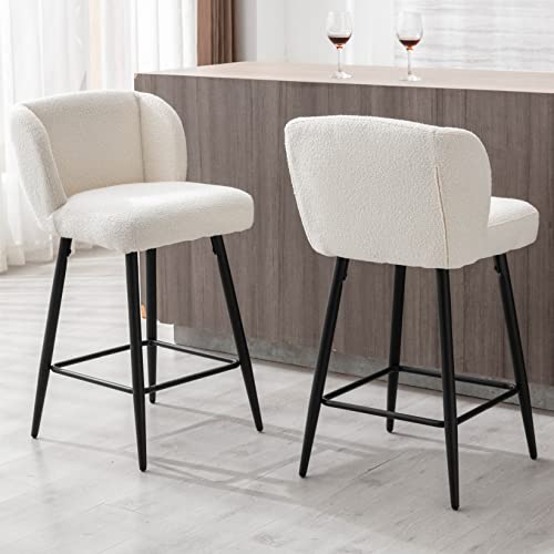 RIVOVA 26 inch Counter Height Bar Stools with Back Set of 6 for Kitchen Counter Modern BarStools Faux Sherpa Upholstered Counter Stools with Footrest for Club Pub Bistro, White