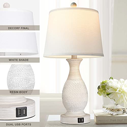 PARTPHONER Set of 2 Table Lamps with USB Ports, 26" Tall Farmhouse Living Room Lamp with 3-Way Dimmable Nightstand Lamp White Fabric Shade for Living Room Bedroom Home Office