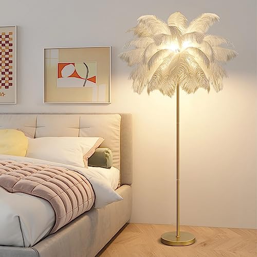 Feather Floor Lamp for Living Room, Modern White and Gold Ostrich Feather Lamps 160cm Tall Dimmable Floor Standing Lamp Bedroom Bedside Sofa Corner Decor Floor Lamp (White)