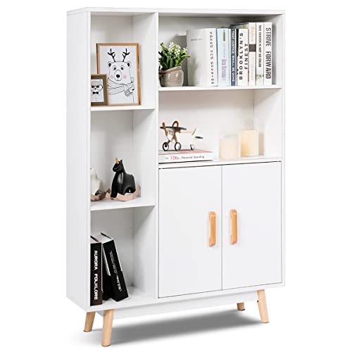 Giantex Storage Cabinet, Free Standing Pantry Cabinet with 2 Door Cabinet and 5 Shelves, Home Office Furniture Bookcase, Side Cabinet, Cupboard, Wood Cube Organizer (White)