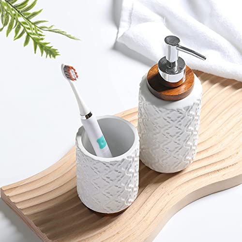 RQYIXI Bathroom Accessories Set 4 Pcs Toothbrush Holder Soap Dispenser Ceramic and Wood Bathroom Set Contain Toothbrush Cup Soap Dish Tumbler Black