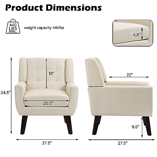 UIXE Accent Chairs Set of 2, Modern Living Room Arm Chair Button Tufted Armchair, Comfy Upholstered Club Lounge Sofa Seat Reading Chair Bedroom Side Seating for Home Office (White)