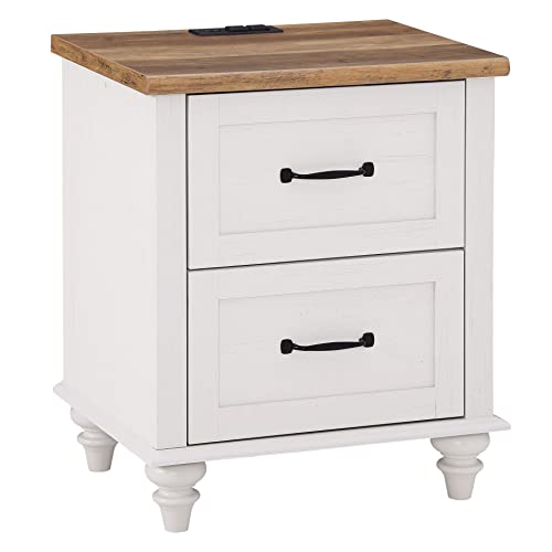 WAMPAT Set of 2 Side Tables with Charging Station, Antique White Nightstand for Bedroom Mid Century End Table Bedside Table with 2 Drawer & Solid Wood Legs, Night Stand for Dorm & Living Room