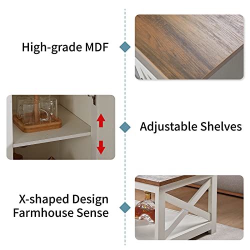 AMERLIFE 4-Piece Farmhouse Table Set for Living Room - Includes 54" Fireplace TV Stand, 1 X Coffee Table & 2 X End Tables with Charging Station, Rustic Oak & White