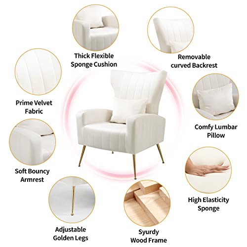 WQSLHX Living Room Chairs Set of 2 with Lumbar Pillow, Velvet Accent Chair with High Back Mid Century Armchair for Bedroom with Armrest, Arm Chair with Golden Metal Legs, White