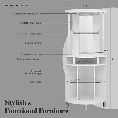 Home Source White Corner Bar Cart 72" Built-in Wine Rack, and Lower Glass Cabinet, Living Room, Home Office, Kitchen, Small Space