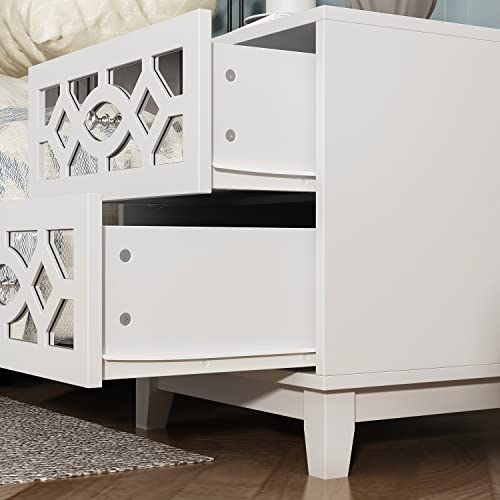 AIEGLE Mirror Nightstand Set of 2, Wooden Accent Chest Dresser with 2 Mirrored Drawers, Decorative End Table Bed Side Table Bedroom Storage Set, White (18.9" W x 15.7" D x 15.7" H)