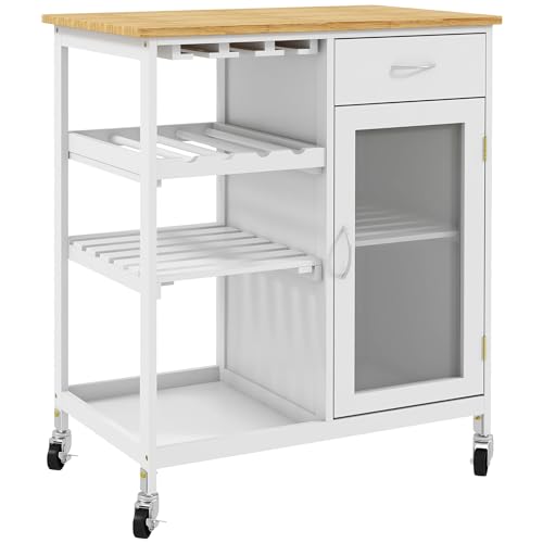 HOMCOM Rolling Kitchen Island with Storage, Kitchen Cart with 4-Bottle Wine Rack, Bar Cart with Stemware Holder, Shelves, Drawer and Cabinet, White